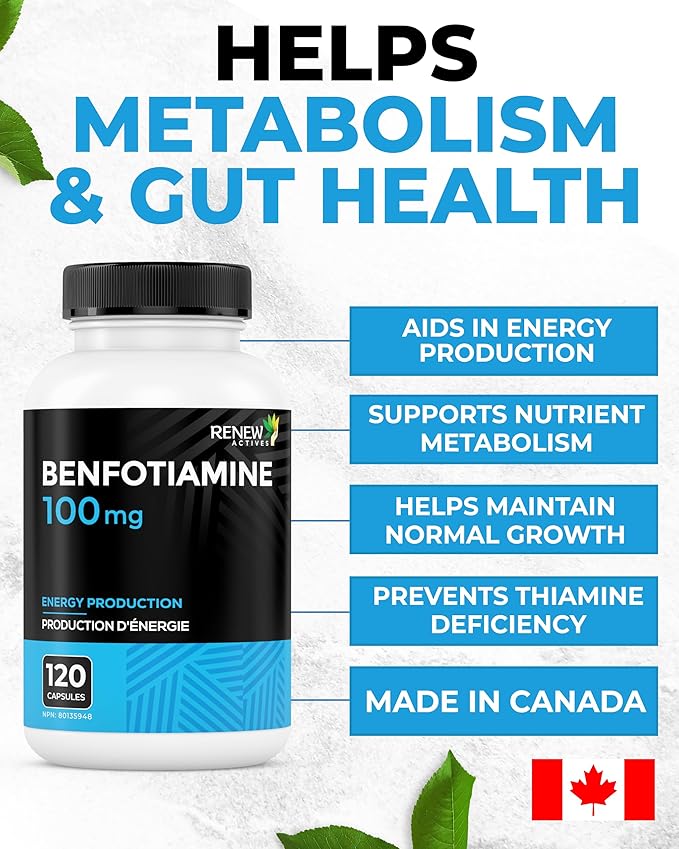 Renew Actives Benfotiamine 100mg – Supports Energy Production & Overall Wellness – Vegan, Non-GMO, Gluten-Free – 120 Capsules