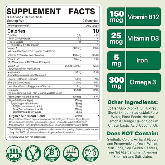 NEVISS (2 Pack) Vegan Multivitamin for Women & Men with Methyl B12, D3 K2, Plant Based Omega 3, Iron, Choline, Zinc, Whole Food Daily Vitamins Gummies for Vegans & Vegetarians, Sugar Free