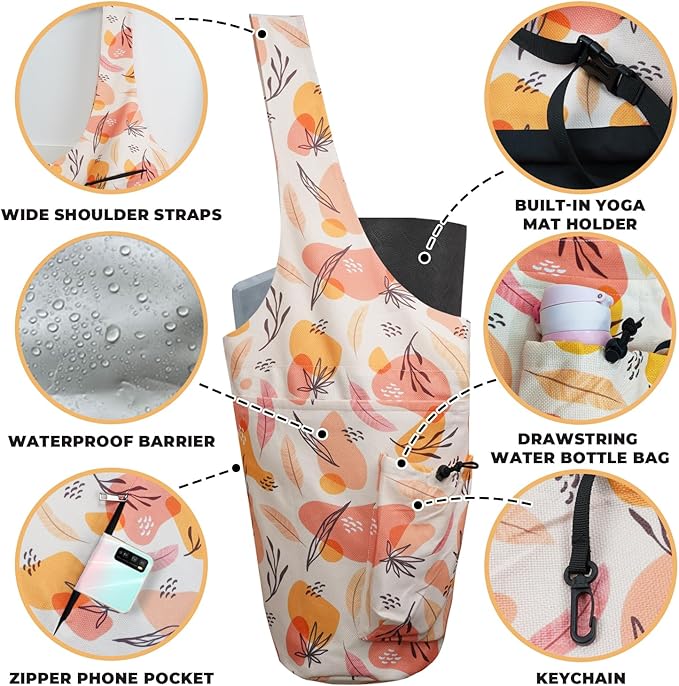 Yoga Mat Bag Carrier for Women Workout Large Waterproof with Zipper Pocket, Keychain and Wide Shoulder Straps