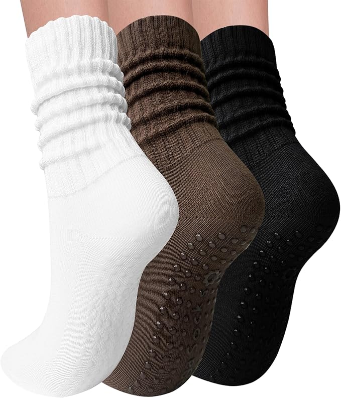 3 Pairs Pilates Socks with Grips for Women Yoga Slouch Grippy Socks for Barre Workout Hospital