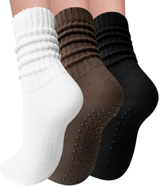 3 Pairs Pilates Socks with Grips for Women Yoga Slouch Grippy Socks for Barre Workout Hospital