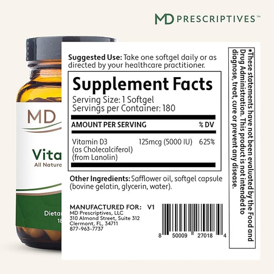 Vitamin D3 180 Gelcaps - Maximum Absorption for Strong Bones, Muscle & Immune Support, Non GMO Vegetarian Softgels, 125 mcg (5,000 IU)