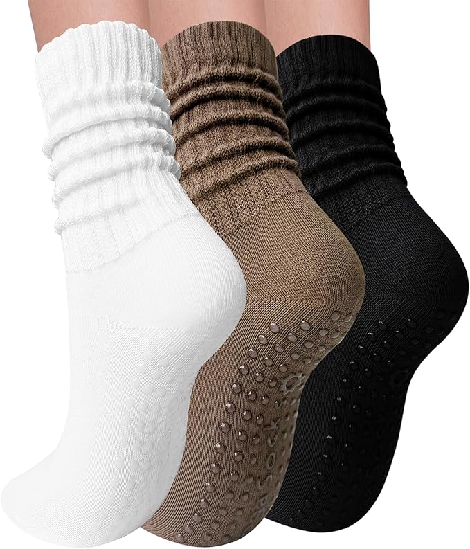 3 Pairs Pilates Socks with Grips for Women Yoga Slouch Grippy Socks for Barre Workout Hospital