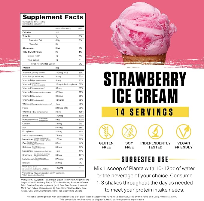 Ambrosia Planta - Premium Plant-Based Protein | Vegan & Keto Friendly | Gourmet Flavors with No Bloating or Stomach Upset | No Added Sugar | 14 Servings | (Strawberry Ice Cream)