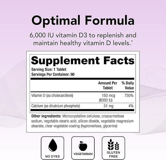 Theralogix Thera-D 6000 Vitamin D Supplement - 6,000 IU (150 mcg) Vitamin D3 Tablets - 90-Day Supply - Immune Support Supplement for Women & Men - Aids Bone & Heart Health - NSF Certified - 90 Tablets