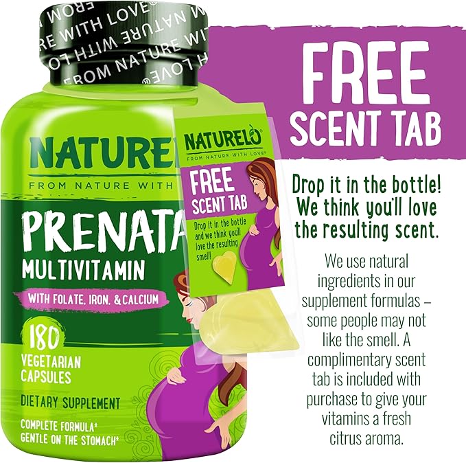 NATURELO Prenatal Multivitamin with Gentle Chelated Iron, Methyl Folate, Plant Calcium & Choline - Vegan, Vegetarian - Non-GMO - Gluten Free - 180 Capsules - 4 Month Supply (Pack of 2)