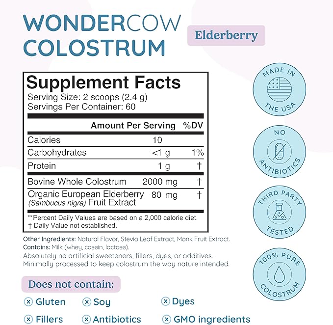 WONDERCOW Colostrum Supplement Powder for Gut Health, Immune Support, Muscle Recovery & Wellness | Natural IgG Pure Whole Bovine Colostrum Superfood, Elderberry, 60 Servings