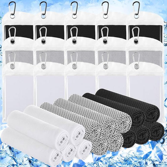 Hosuly 15 Pack Cooling Towels 40" x 12" Cooling Towels for Neck and Face Iced Towel Microfiber Soft Breathable Chilly Yoga Towel for Hot Weather (Black, White, Light Gray)