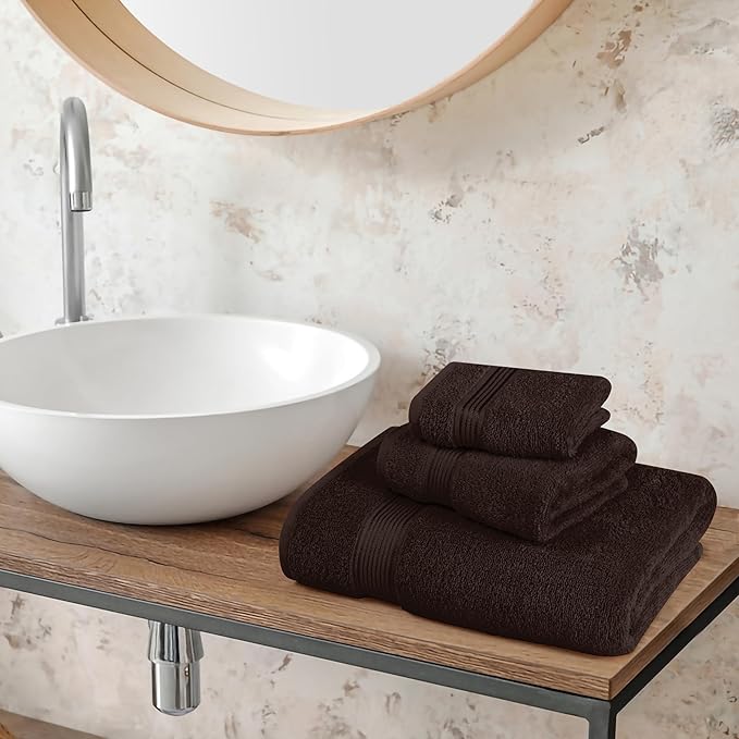Belizzi Home Ultra Soft 3 Pack Cotton Towel Set, Contains a Bath Towel 28x55 inch, a Hand Towel 16x24 inch & a Wash Coth 12x12 inch, Ideal Everyday use, Compact & Lightweight - Chocolate Brown