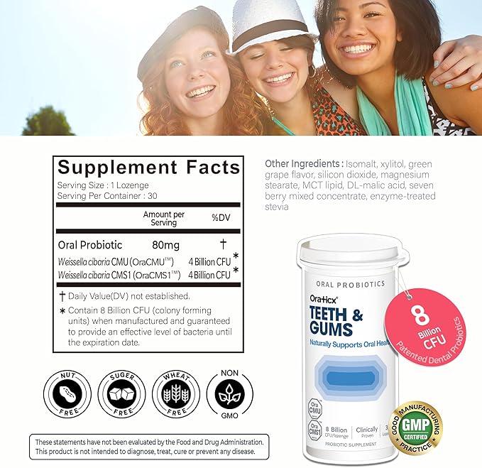 OraTicx Teeth & Gums Oral Probiotics, 8 Billion CFU - Naturally Supports Oral Health, Fresh Breath, and Immunity, Dental Probiotic Supplement, Grape Flavor 30 Lozenges 2-Pack