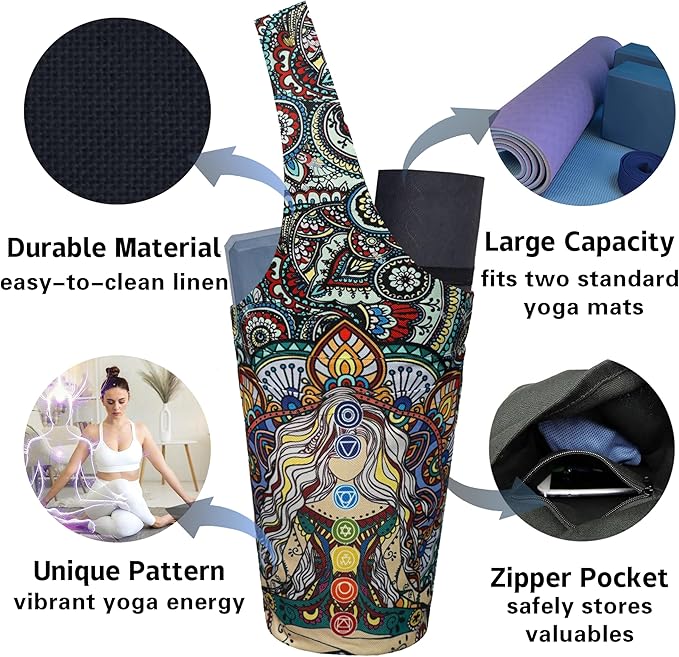 Yoga Mat Bag Carrier for Women with Side Large Pocket Durable Linen Workout Gym Travel Storage Pilates Mats