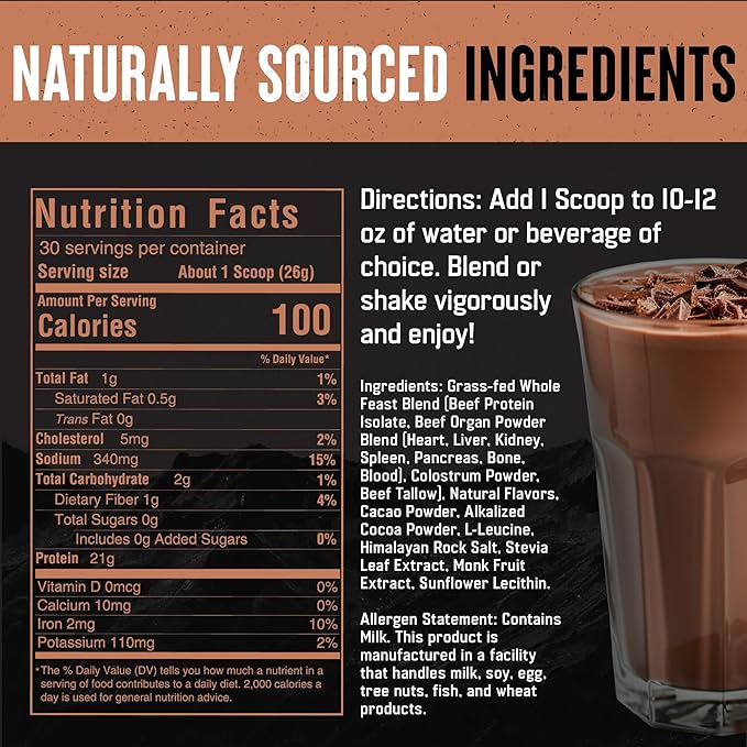 The Fittest Whole Feast Beef Protein Powder - Milk Chocolate - Grass Fed Nose to Tail Carnivore Blend Including Liver, Colostrum and Whole Bone - BCAAs - 14g Collagen, 21g Total Protein