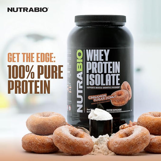 NutraBio 100% Whey Protein Isolate Protein Powder, 25g Protein with Complete Amino Acid Profile, Non-GMO, Soy & Gluten Free, Low Carb, Low Calorie Whey Protein Powder, Cinnamon Sugar Donut, 2 Lbs