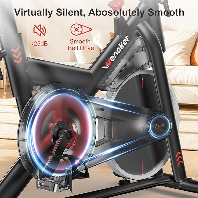 Exercise Bike, Stationary Bike for Home, App Compatible, 350lb Capacity, Comfortable Adjustable Seat, Digital Display & Pad Holder, Quiet Ride