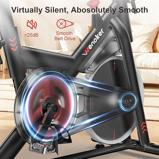 Exercise Bike, Stationary Bike for Home, App Compatible, 350lb Capacity, Comfortable Adjustable Seat, Digital Display & Pad Holder, Quiet Ride