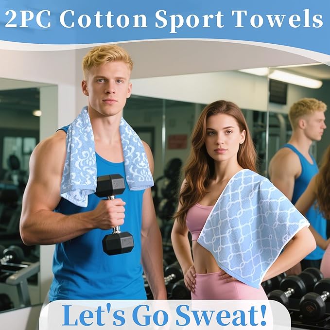 Workout Sweat Towels for Men & Women, Cotton Gym Towels Set of 2, 14"x31" - Absorbent | Breathable | Soft - Exercise Towel for Yoga, Shower, Tennis, Running & Fitness, Blue Damask and Checkered