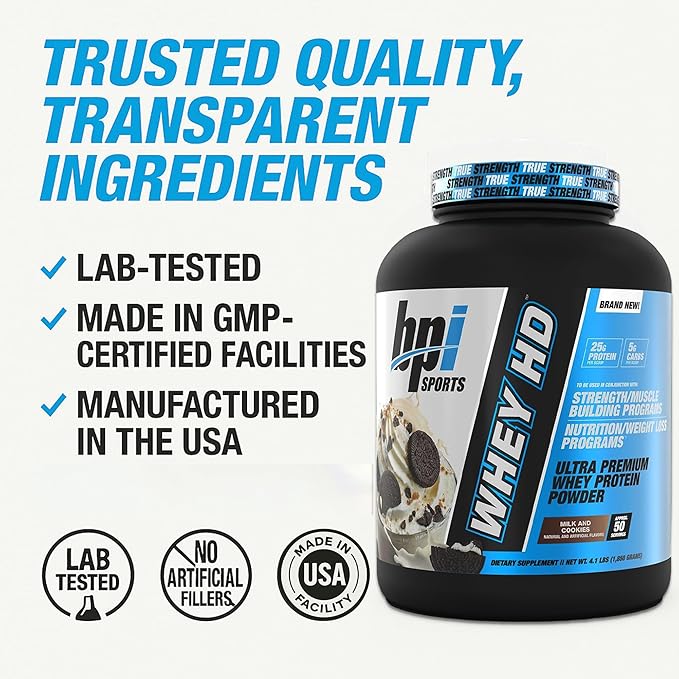 BPI Sports Whey HD Ultra Premium Protein Powder Isolate | Workout Whey Protein Powder for Men & Women for Muscle Gain | Milk Protein Concentrates | Milk and Cookies, 4.07 Pound