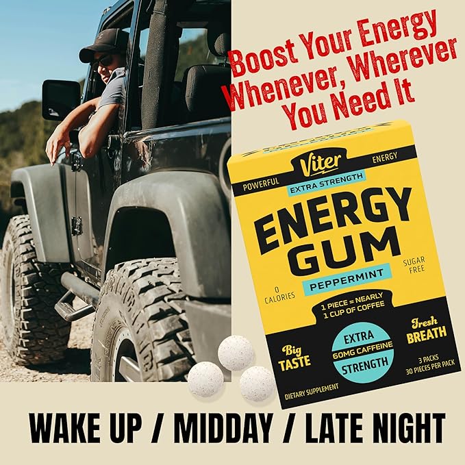 Viter Energy 60mg Caffeine Gum (Peppermint Flavor, 30 Pieces, 3 Pack) - Sugar Free, Vitamin B3, B6, B9, B12, Zero Calories, Caffeinated Energy Chews, Nootropic Focus Supplement for Men & Women