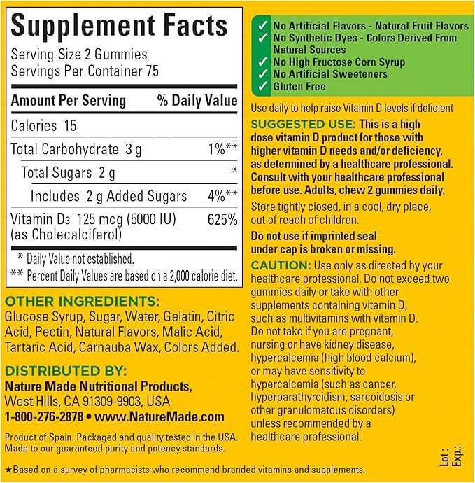Nature Made Vitamin D3 5000 IU Per Serving Gummies Extra Strength, Bone and Immune Health Support, 150 Vitamin D Gummies for Adults, 75 Day Supply