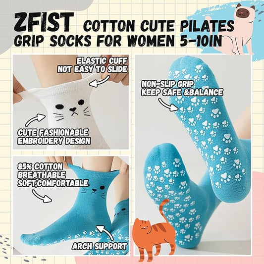 ZFiSt Pilates Socks with Grips for Women,4Pairs Ruffle Yoga Sock Cute Cotton Grippy Socks for Barre Workout Non Slip 5-10in