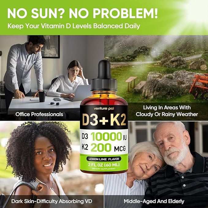 Venture Pal 5-in-1 Vitamin D3 10000 IU & K2 as MK-7 200mcg with Magnesium, MCT Oil, Zinc, Sugar-Free Vitamin D Liquid |Maximum Absorption for Bone, Mood & Immune Health - 2 FL OZ, 60 Days