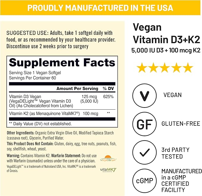 NatureWise Vegan Vitamin D3 + K2 - Organic D3 5000IU + Natural Vitamin K2 100mcg - Bone Support - High Absorption with Organic Cold-Pressed Olive Oil - Non-GMO