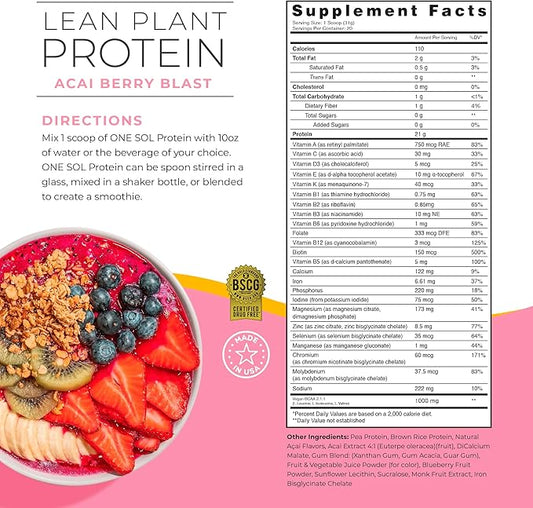 One Sol Lean Plant-Based Protein Powder, Pea & Brown Rice Protein, Low Carb, Vegan Friendly - Gluten, Lactose, & Soy Free - No Added Sugar, Non-GMO, Clean Nutrition, No Bloating (Acai Berry Blast)
