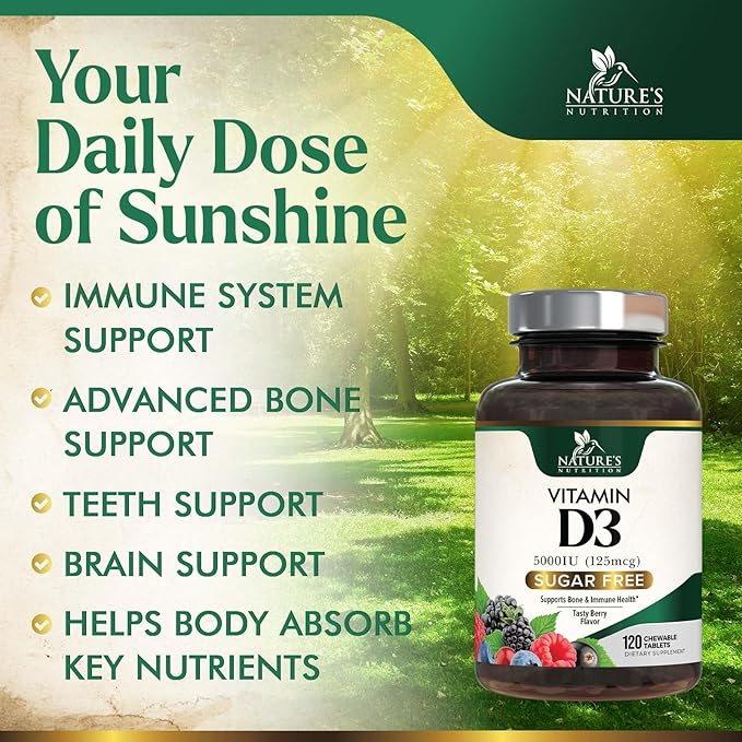 Vitamin D3 5000 IU (125 mcg) Nature's Extra Strength Vitamin D Supplement Chewable for Immune Support Health - Bone, Teeth and Muscle Supplements - Sugar Free, Non-GMO, Gluten Free - 120 Count Tablets