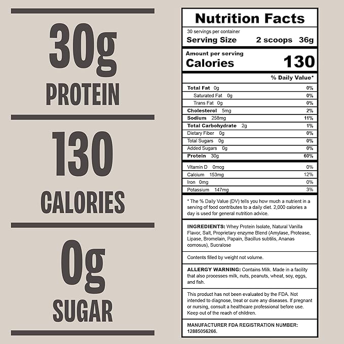 Vanilla Protein Powder, 30G of Whey Protein, Low Calorie & Fast-Absorbing, 0 Sugar, Soy-Free & Gluten-Free Protein Powder, 30 Servings