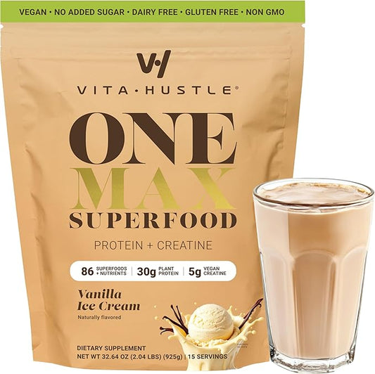 VitaHustle ONE Max Protein + 5g Creatine, 30g Plant Protein Powder, All-in-One Meal Replacement Shake with Greens, Adaptogens, Ashwagandha, Probiotics & Vitamins – Vanilla Ice Cream, 15 Servings