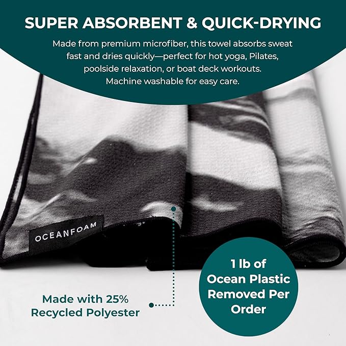 Oceanfoam Beach Towel – Lightweight, Absorbent, Quick-Drying, Sand-Resistant, Non-Slip – Ideal for Workouts, Yoga, Pilates, Beach, Pool, Boat & Travel – 25% Recycled – 72"x24" (Black Marbled)