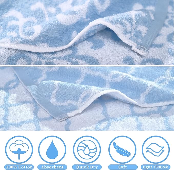 Workout Sweat Towels for Men & Women, Cotton Gym Towels Set of 2, 14"x31" - Absorbent | Breathable | Soft - Exercise Towel for Yoga, Shower, Tennis, Running & Fitness, Blue Damask and Checkered