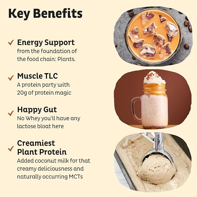 KOS Organic Vegan Protein Powder with 50mg Caffeine, Salted Caramel Coffee - Pea Protein Blend, Plant Based Superfood Rich in Vitamins & Minerals - Meal Replacement for Women & Men, 28 Servings