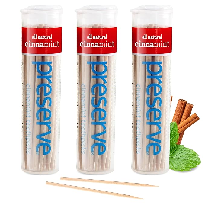 Preserve Toothpicks Cinnamint Refreshing Natural Cinnamon & Mint Flavored Toothpicks for Fresh Breath Teeth & Gums - Sustainably Harvested Birch Wood - 3 Travel Cases (105 Picks)