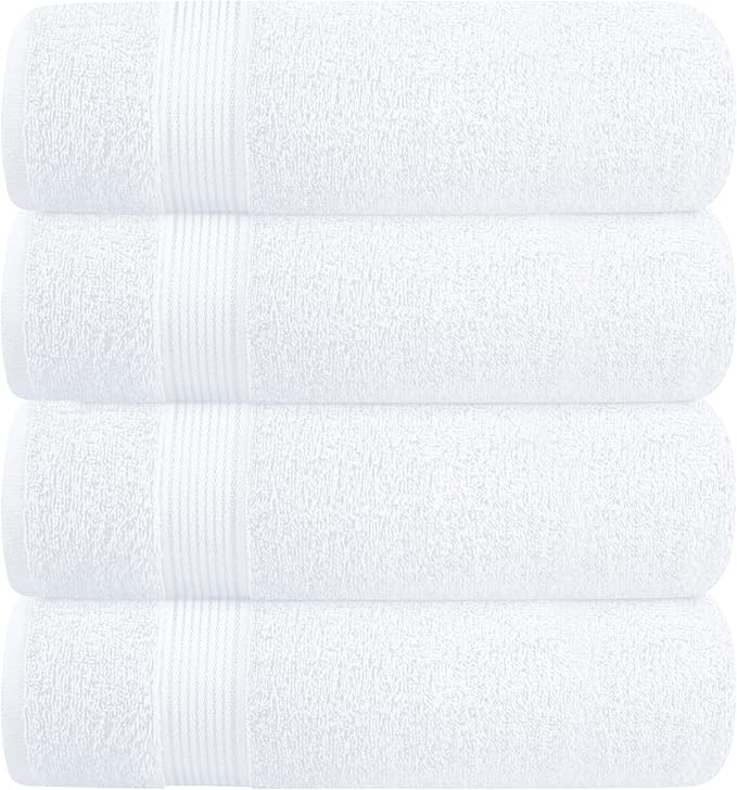 BELZZI Home Ultra Soft 4 Pack Oversized Bath Towel Set 27x54, Cotton Compact Bath Towels, Highly Absorbant Eco-Friendly Quickdry & Lightweight Towel, Ideal for Gym Travel Camp Pool - White