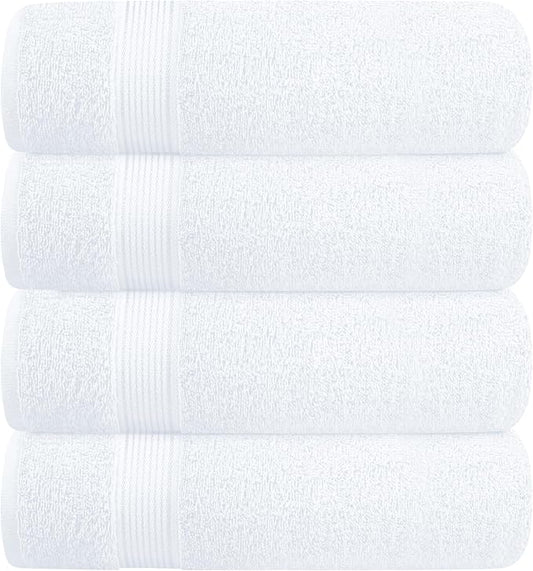 BELZZI Home Ultra Soft 4 Pack Oversized Bath Towel Set 27x54, Cotton Compact Bath Towels, Highly Absorbant Eco-Friendly Quickdry & Lightweight Towel, Ideal for Gym Travel Camp Pool - White