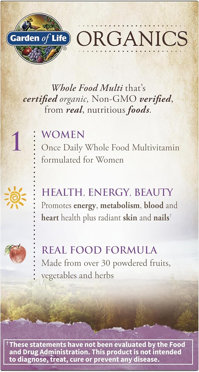 Garden of Life Organics Multivitamin for Women - Women's Once Daily Multi - Whole Food Multi with Iron, Biotin, Vegan Organic Womens Multivitamin for Health, Energy Hair Skin and Nails, 30 Tablets