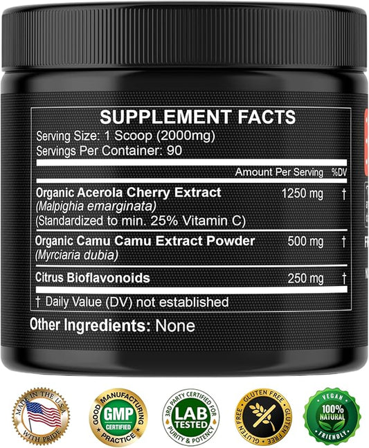 Natural Vitamin C from Acerola Cherry & Camu Camu Powder - High Absorption with Citrus Bioflavonoids - Immune System & Collagen Booster - Anti Aging Skin Vitamins Made in USA 90 servings