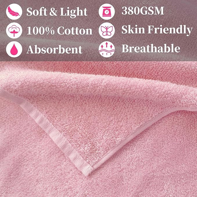 Workout Sweat Towels, Cotton Gym Towels Set of 2, 14"x48" - Absorbent | Breathable | Soft - Sports Towel for Men & Women, Exercise Towel for Yoga, Shower, Tennis, Running & Fitness, Pink