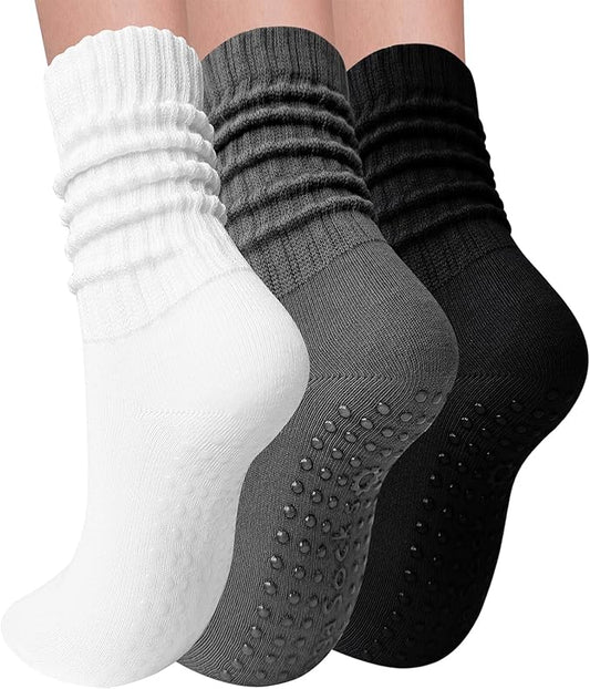 3 Pairs Pilates Socks with Grips for Women Yoga Slouch Grippy Socks for Barre Workout Hospital