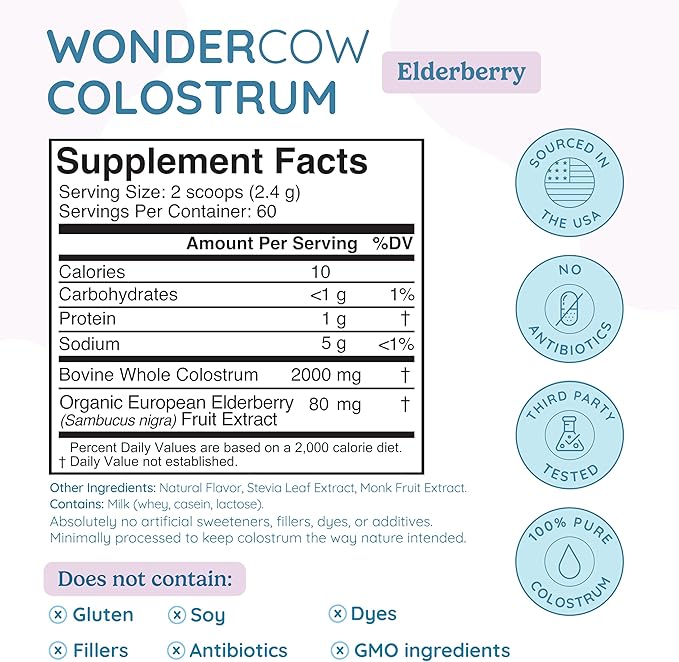 WONDERCOW Colostrum Supplement Powder for Gut Health, Immune Support, Muscle Recovery & Wellness | Natural IgG Pure Whole Bovine Colostrum Superfood, Elderberry, 60 Servings