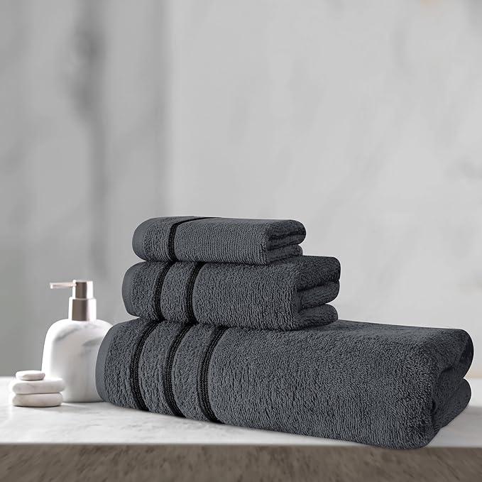 MyOwn Ultra Soft 3 Pack Cotton Towel Set, Contains a Bath Towel 28x55 inch, a Hand Towel 16x24 inch & Wash Coth 12x12 inch, Ideal Everyday use, Compact & Lightweight - Charcoal Grey, 71683
