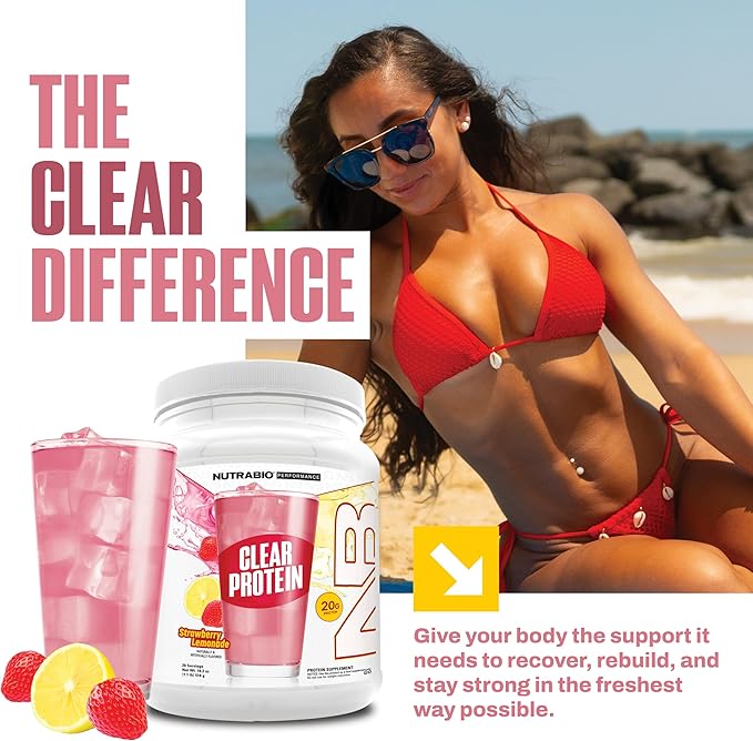 NutraBio Clear Protein Powder, Strawberry Lemonade - 20 Servings, 20g Clear Whey Protein Isolate, 0 Sugar, 0g Lactose, Refreshing Fruit Flavors, GLP1 Support -Bone Health -Muscle Post Workout Recovery