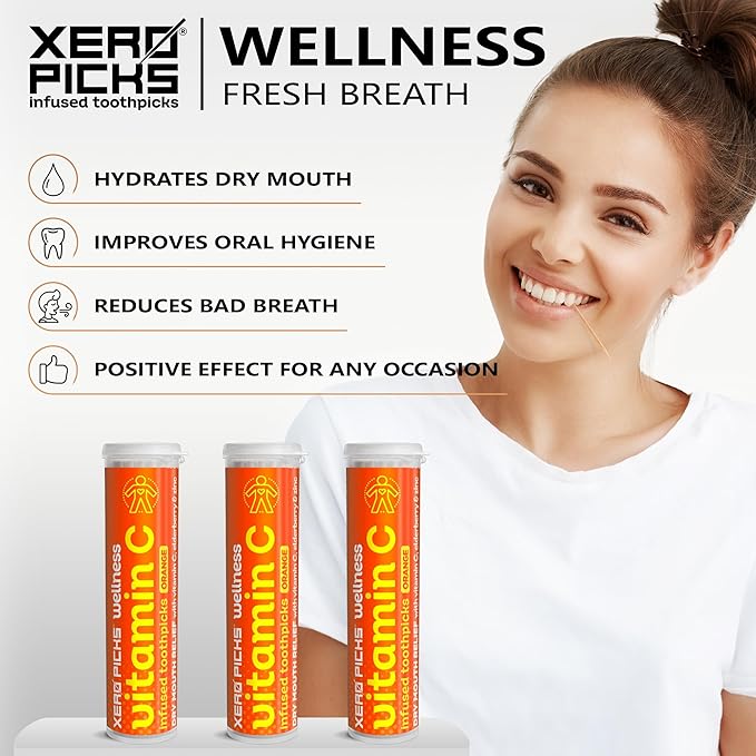 Xero Picks Wellness - Infused Flavored Toothpicks - Dry Mouth Prevention - 60 Picks - 3 Pack - Orange - Immunity Support - Vitamin C, Elderberry, Zinc