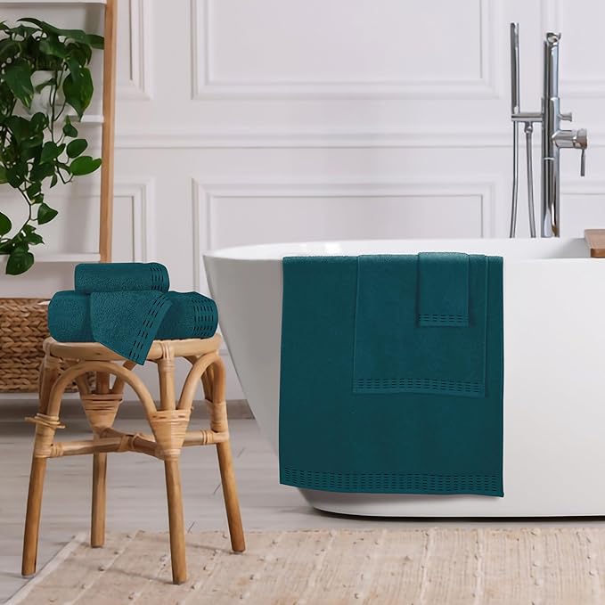 Ultra Soft 6 Pack Cotton Towel Set, Contains 2 Bath Towels 28x55 inch, 2 Hand Towels 16x24 inch & 2 Wash Coths 12x12 inch, Ideal Everyday use, Compact & Lightweight - Teal
