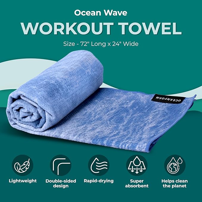 Oceanfoam Beach Towel – Lightweight, Absorbent, Quick-Drying, Sand-Resistant, Non-Slip – Ideal for Workouts, Yoga, Pilates, Beach, Pool, Boat & Travel – 25% Recycled – 72"x24" (Ocean)