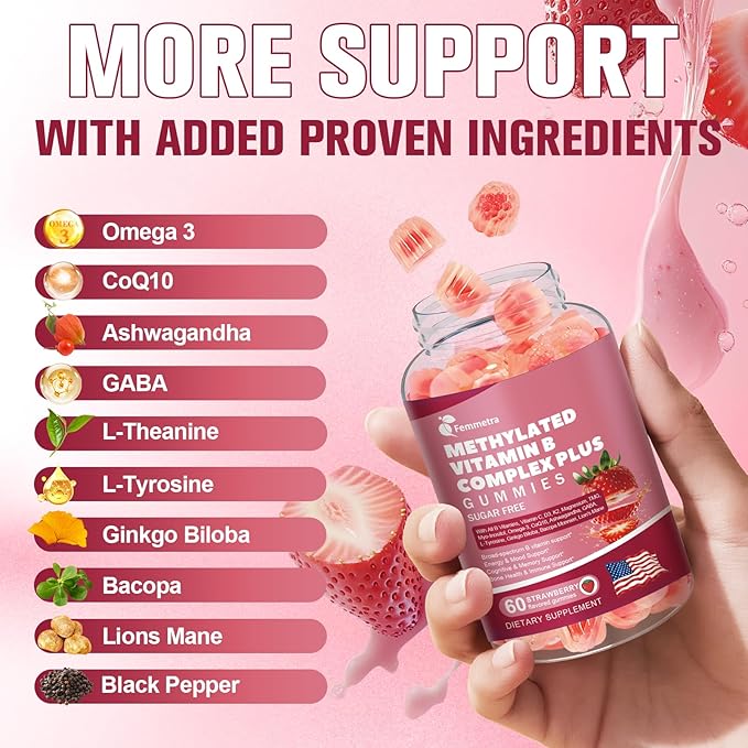 Ultra Methylated Vitamin B Complex Sugar Free Gummies - All B Vitamins + Vitamin C D3 K2 Ashwagandha Magnesium Omega 3 CoQ10 & More for Women Men - Methyl Vitamin B12, B1, B2, B3, B5, B6, B7 & B9