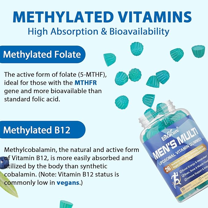 Mens Multivitamins Gummies, Vegan Omega 3, CoQ10, Zinc, Vitamin A C D3 K2 E B Complex, Calcium, Magnesium, Lycopene - Liposomal Methylated Vitamins - Energy, Immune, Bone, Brain, Sugar Free, 60 Count