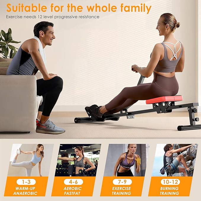 SogesGame Rowing Machine, Rower Machine with 12 Levels of Resistance for Complete Body Workouts, Low-Impact, Indoor Exercise Rower Machine with Digital Monitor, Home Gym Equipment