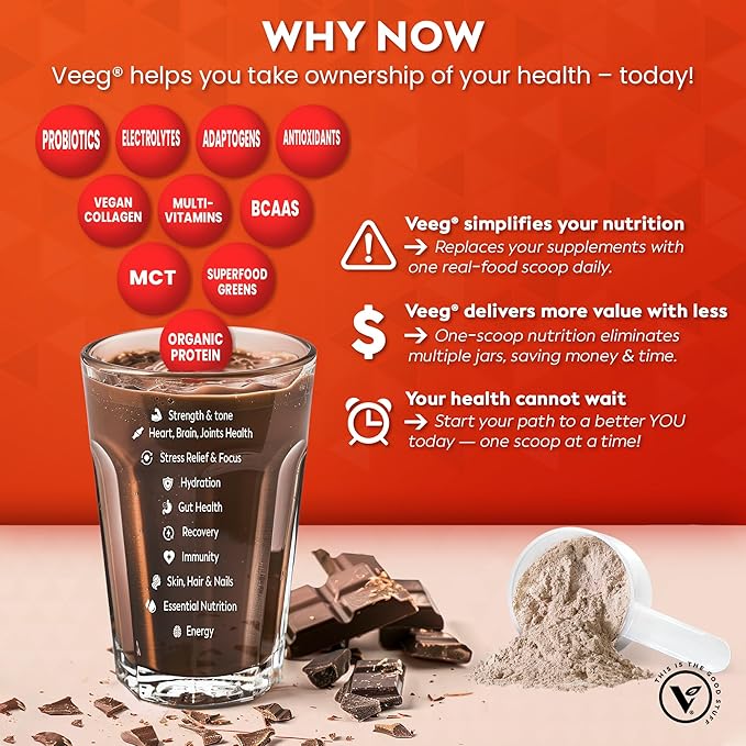 Veeg All-in-One Protein Smoothie Powder – Vegan Protein, Organic Greens, MCT, Probiotics & Multivitamin. Simplified Daily Nutrition for Strength, Energy, Vitality & Gut Health.15 Servings (Chocolate)